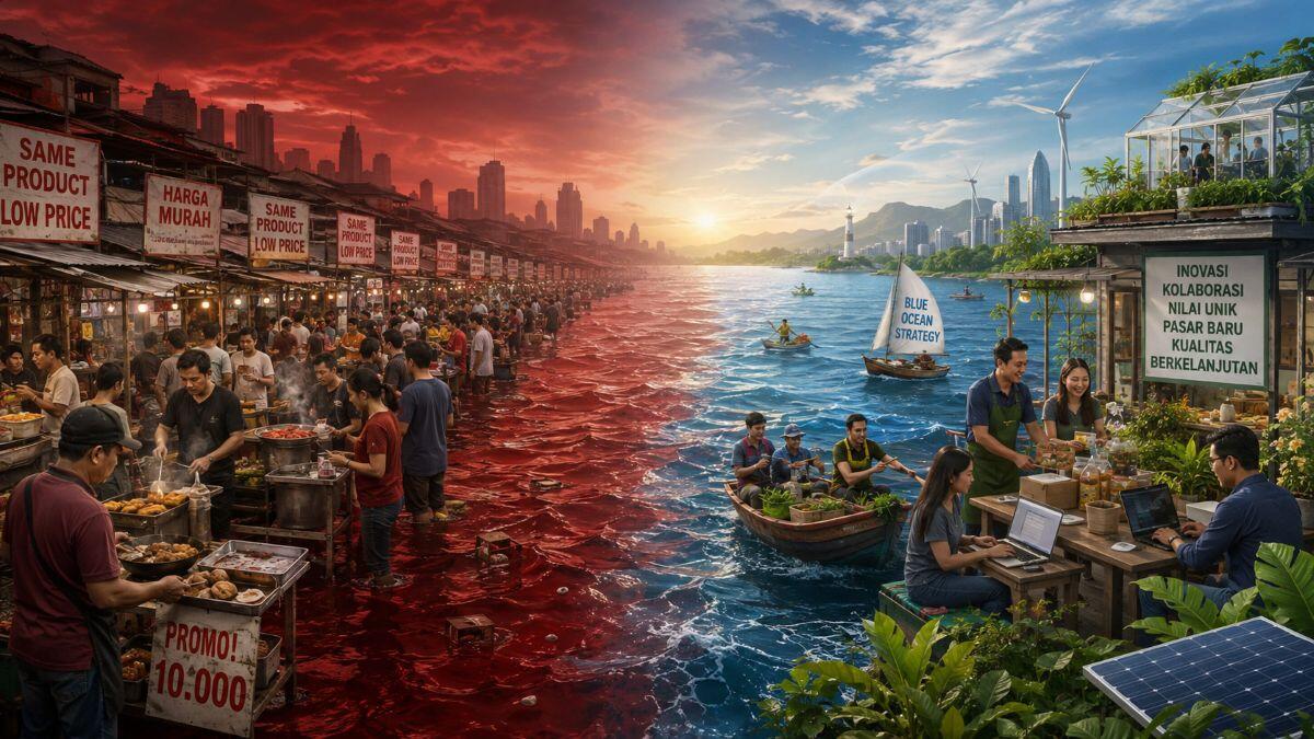 Ilustrasi Red Ocean dan Blue Ocean (ChatGPT Image)